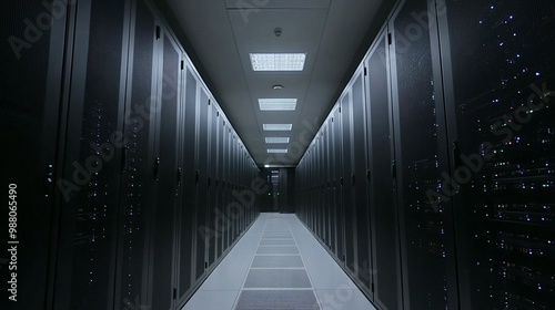 futuristic corridor in a working data center filled with rows of servers and illuminated by cool-toned lights, symbolizing technology, data processing, digital connectivity, and information flow