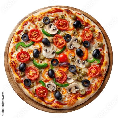 Delicious vegetarian pizza with mushrooms tomatoes mozzarella peppers and olives