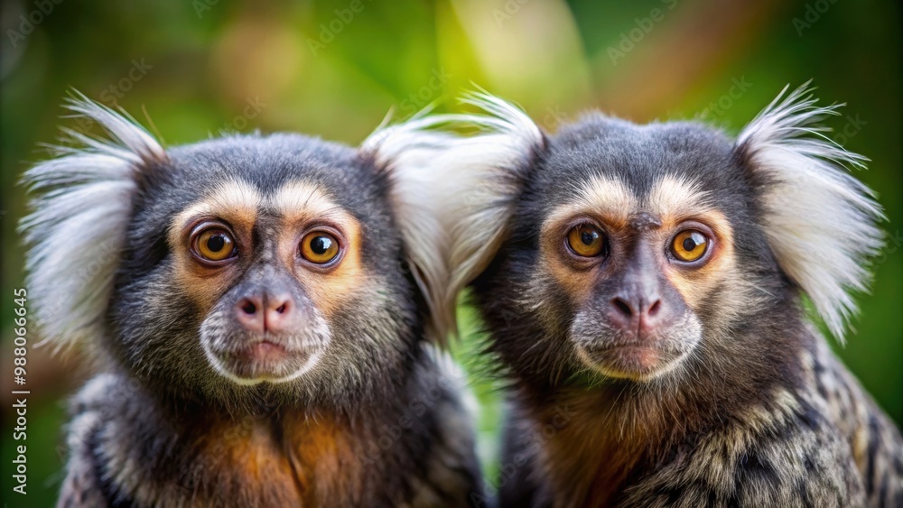 Two curious marmosets looking directly at the camera , marmoset, animal, curious, primate, jungle, wildlife, tropical, cute Two curious marmosets looking directly at the camera , marmoset, animal, curious, primate, jungle, wildlife, tropical, cute