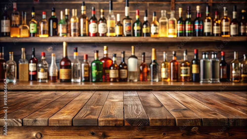 An elegant wooden table in front of a bar with various bottles, bar, alcohol, beverage, elegant, empty, wooden, table An elegant wooden table in front of a bar with various bottles, bar, alcohol, beverage, elegant, empty, wooden, table