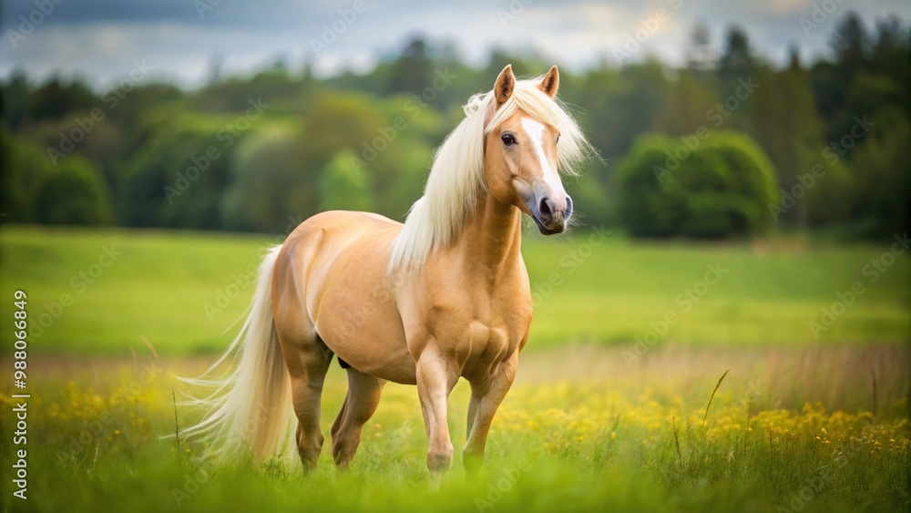 Fototapeta premium Beautiful palomino pony standing in a green field, palomino, pony, horse, equine, livestock, farm, animal, brown, mane