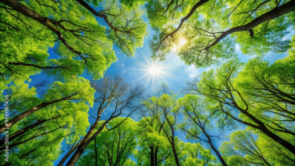 Fototapeta premium Tree canopies framing the sunny sky , nature, trees, canopy, sunlight, above, sky, branches, foliage, bright, outdoor