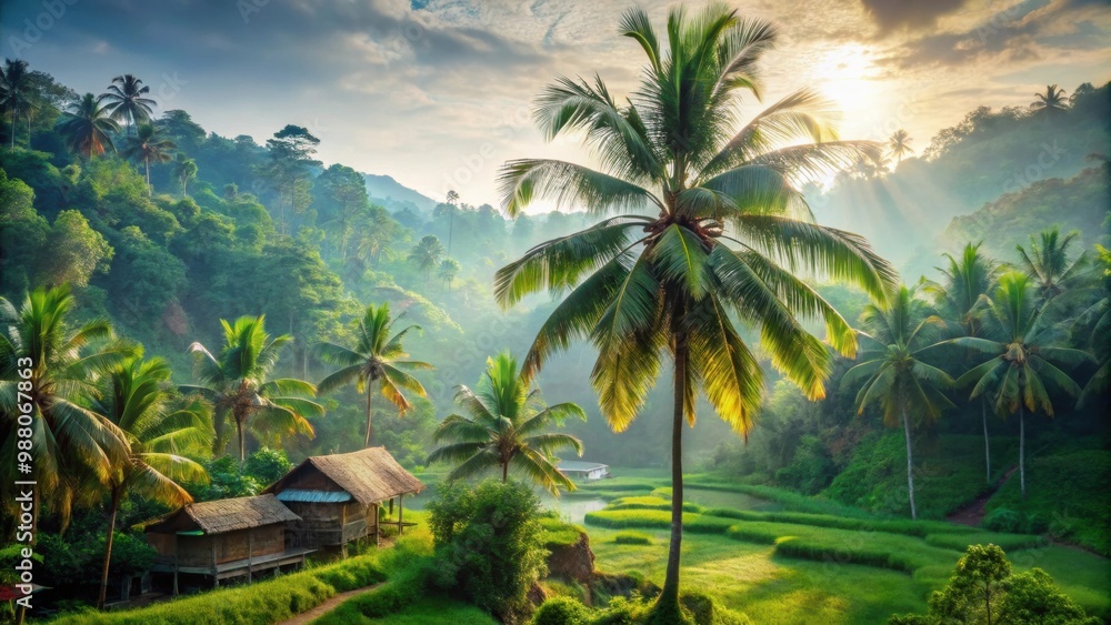 Palm tree and village on a serene tropical rainforest landscape, tropical, rain, palm tree, village, serene, nature, greenery Palm tree and village on a serene tropical rainforest landscape, tropical, rain, palm tree, village, serene, nature, greenery