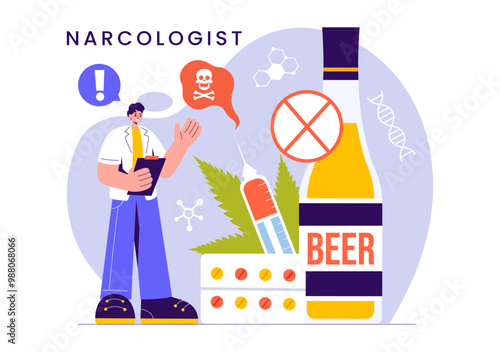 Narcologist Vector Illustration Featuring a Doctor, Drug Addiction Awareness, and Alcohol and Tobacco Issues in Healthcare in a Flat Background