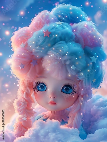 A whimsical doll with pastel hair and starry accents, set against a dreamy cloud background. photo