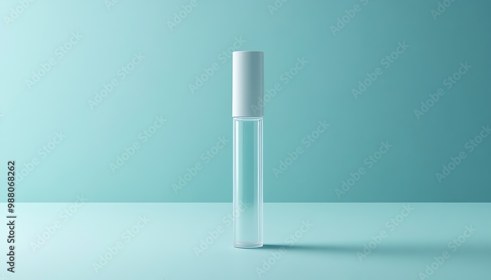 A Clear Glass Bottle with a White Cap on a Light Blue Background A Clear Glass Bottle with a White Cap on a Light Blue Background