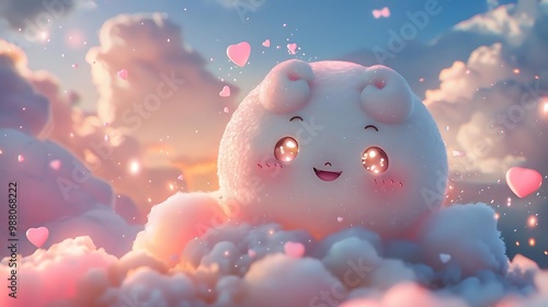 A cute, smiling cloud character surrounded by pastel colors and hearts in a dreamy sky. photo