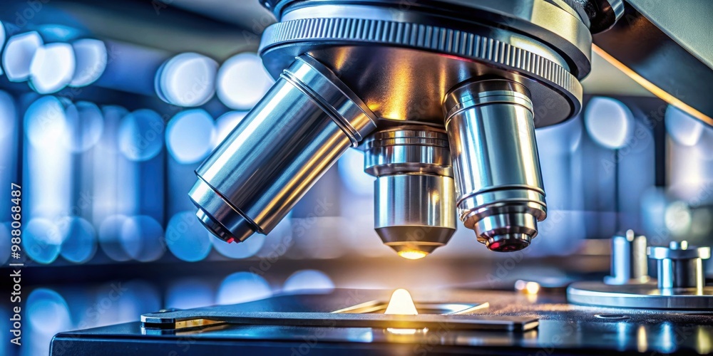 Close-up shot of a microscope with metal lens in a laboratory setting, microscope, metal lens, close-up Close-up shot of a microscope with metal lens in a laboratory setting, microscope, metal lens, close-up