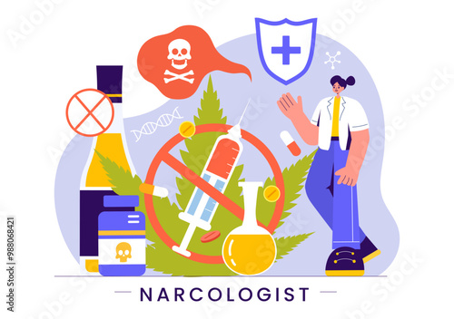 Narcologist Vector Illustration Featuring a Doctor, Drug Addiction Awareness, and Alcohol and Tobacco Issues in Healthcare in a Flat Background