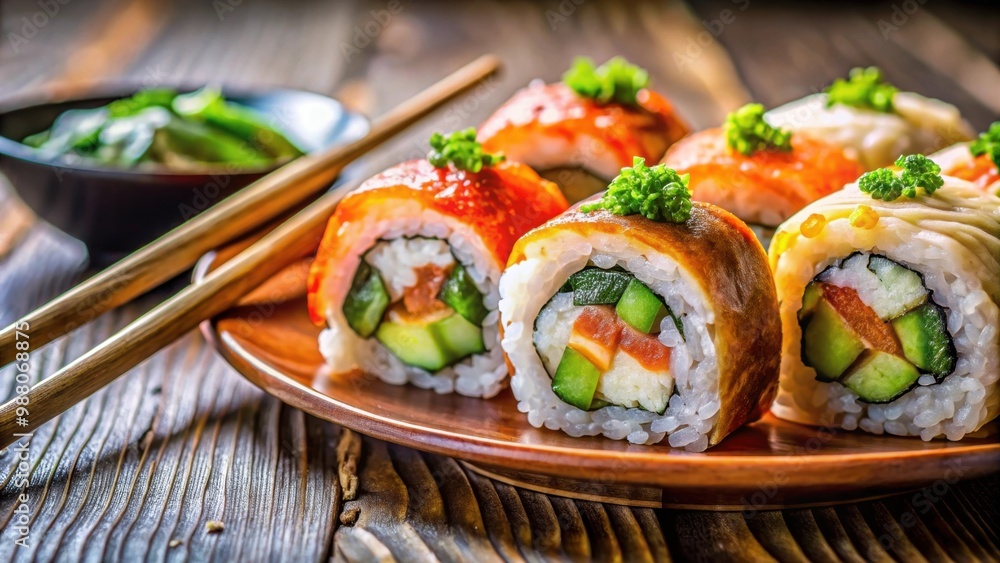 Close-up of sushi rolls with chopsticks, sushi, rolls, Japanese cuisine, seafood, rice, nori, raw fish, delicious, traditional Close-up of sushi rolls with chopsticks, sushi, rolls, Japanese cuisine, seafood, rice, nori, raw fish, delicious, traditional