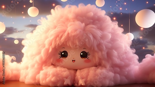 A cute, fluffy character with a happy expression surrounded by soft lighting. photo