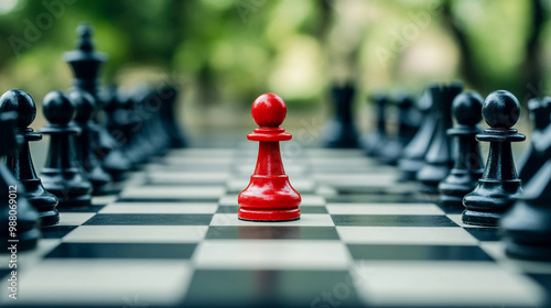 red chess pawn stands out prominently among other neutral-colored pawns, symbolizing individuality, power in simplicity, and strategic potential in a competitive environment photo