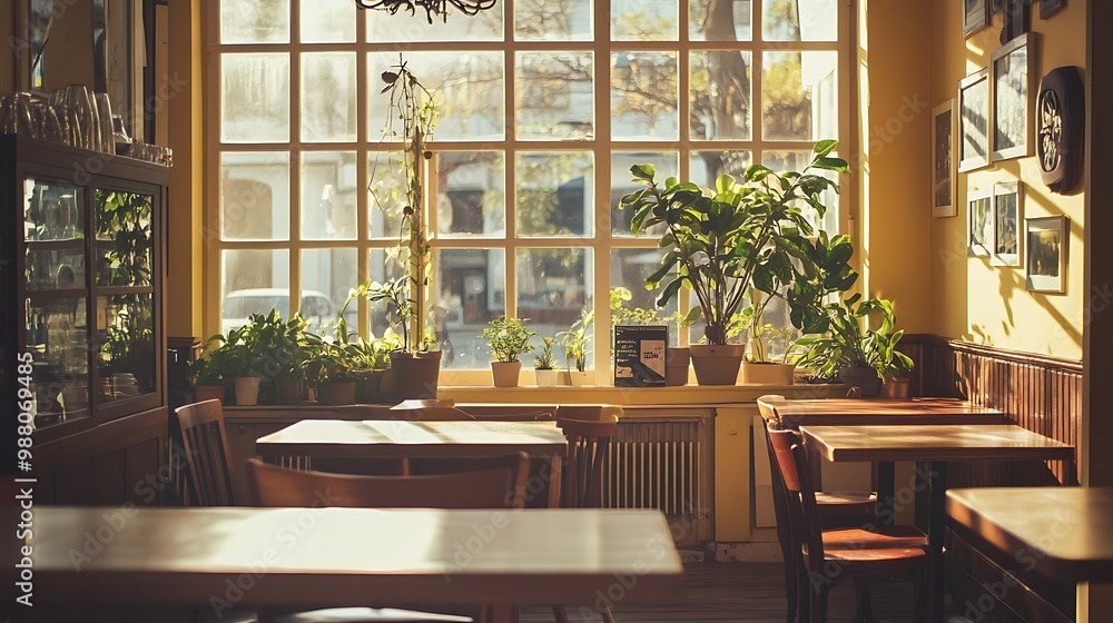 Cozy Morning Café with Sunlight Streaming Through Windows and Rustic Wooden Tables Cozy Morning Café with Sunlight Streaming Through Windows and Rustic Wooden Tables
