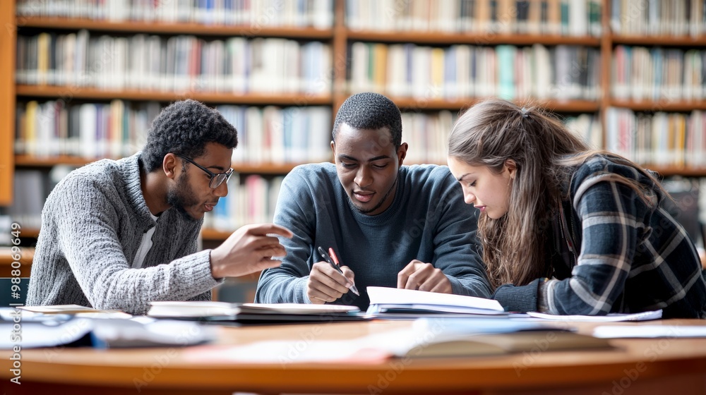 A group of students studying together at a library, helping each other understand the material, symbolizing collaboration A group of students studying together at a library, helping each other understand the material, symbolizing collaboration