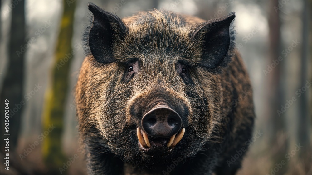 A close-up of a wild boar in a forest setting, showcasing its features and environment. A close-up of a wild boar in a forest setting, showcasing its features and environment.