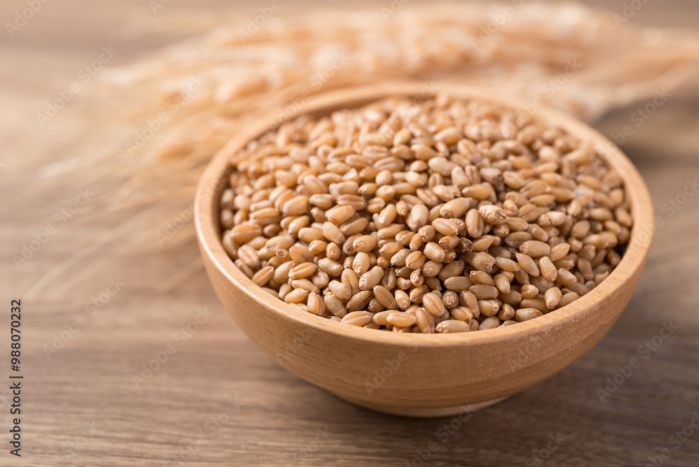 Whole wheat grain in wooden bowl on wooden background, Food ingredient Whole wheat grain in wooden bowl on wooden background, Food ingredient