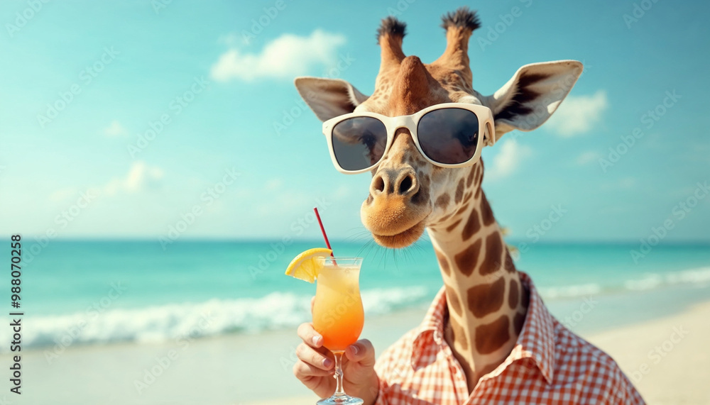 Obraz premium Cute giraffe wearing sun glasses holding cocktail at the beach