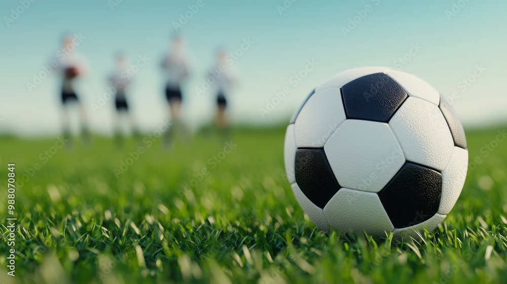 Fototapeta premium A soccer ball rests on vibrant green grass, with players blurred in the background, capturing an exciting moment of the game.