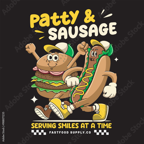 Fast Food Burger Sausage Cute Funny Retro 60s 70s Cartoon Character Mascot Vector Illustration in Groovy Psychedelic Style for Bar Restaurant