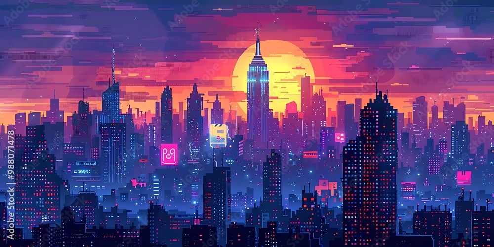 Obraz premium A vibrant pixel art cityscape at sunset, showcasing skyscrapers and a glowing skyline.