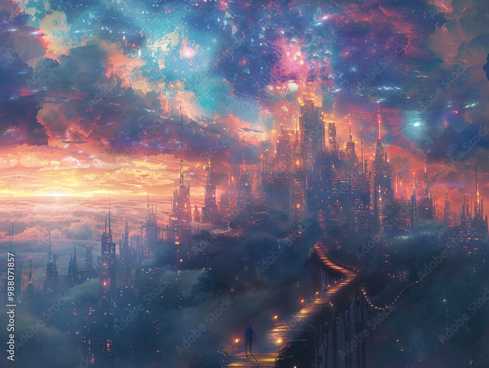 Obraz premium Futuristic Cityscape with Starry Sky and Sunset