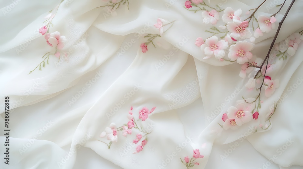 Delicate Pink Flowers Embroidered on White Fabric Delicate Pink Flowers Embroidered on White Fabric