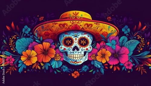 Colorful mexican skull for day of the dead, purple background. Mexican sugar skull. photo