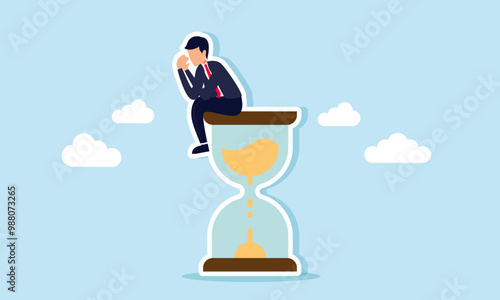 A businessman sitting sadly on an hourglass, illustration of the failure to complete a project on time as planned
