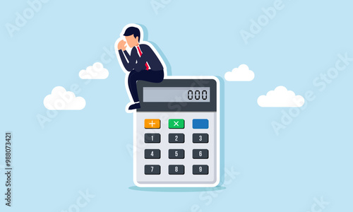 A businessman sitting sadly on a calculator, illustration of the failure in financial calculations for the company