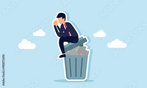 A businessman sitting sadly on a pile of broken light bulbs, illustration of the failure in creating innovations or presenting bad ideas