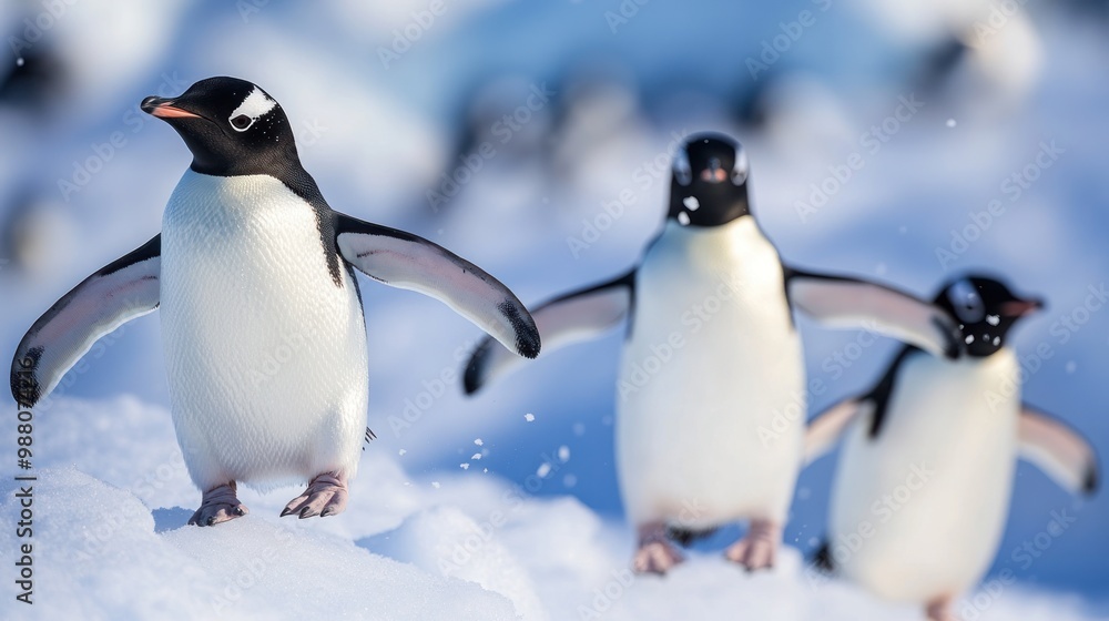 Fototapeta premium Three penguins walking on snow in a snowy landscape.