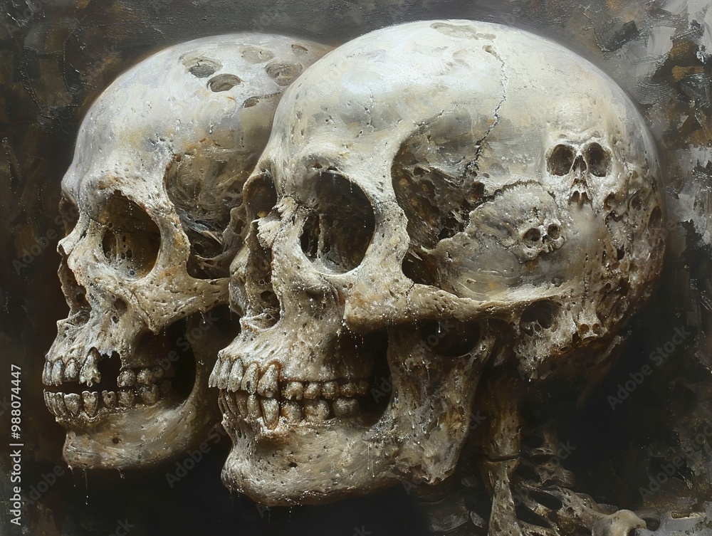 Obraz premium Two Skulls: A Study in Mortality and Decay