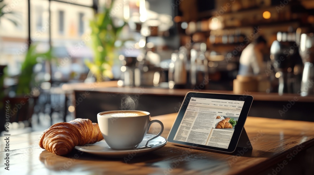 Cozy Cafe Atmosphere with Digital Tablet and Coffee Cozy Cafe Atmosphere with Digital Tablet and Coffee