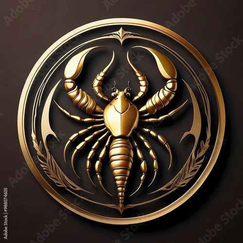 Golden scorpion 3D illustration design isolated on dark brown background. Generate AI photo