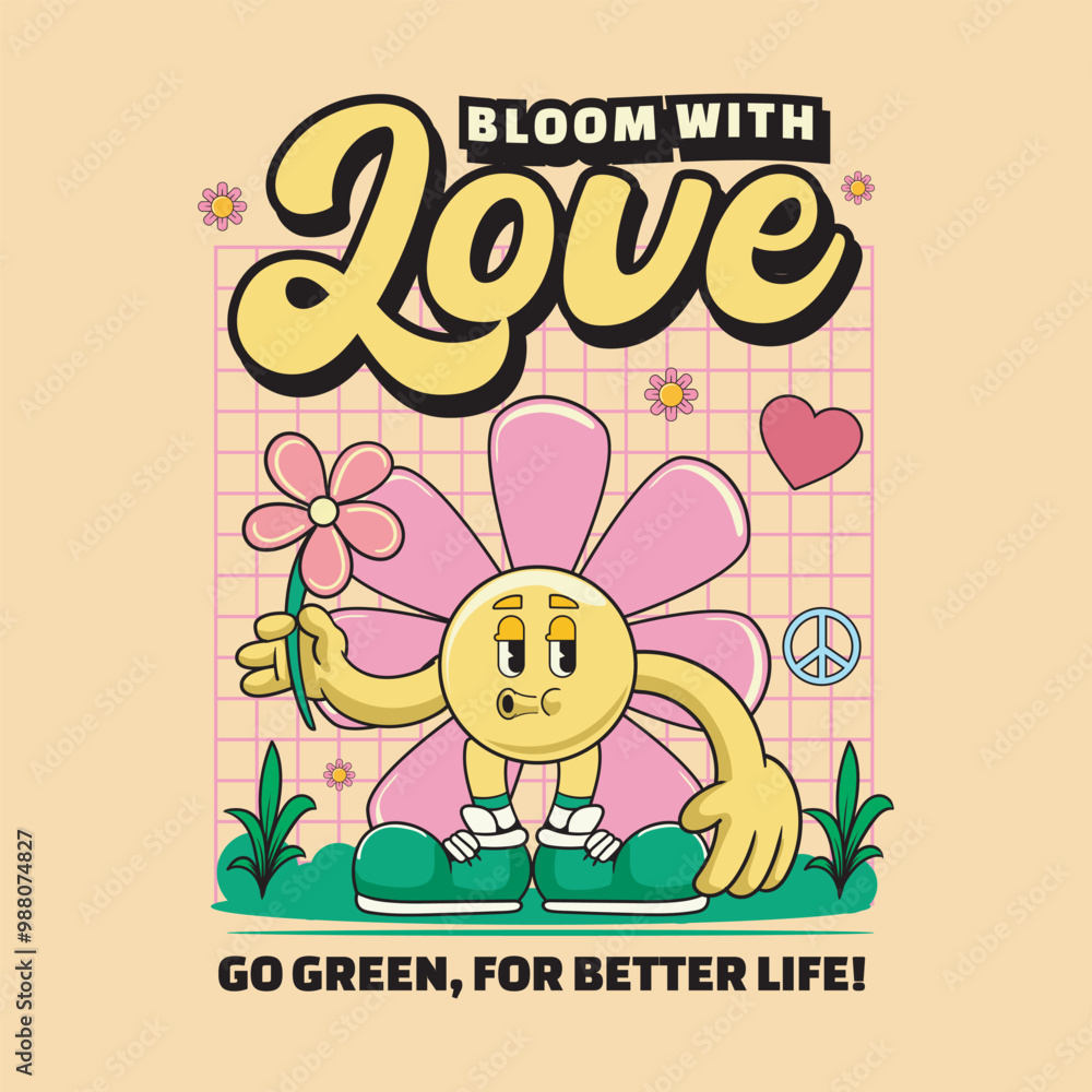 Fototapeta premium Happy Earth Day Cute Save Energy Funny Vintage Retro 60s 70s Cartoon Character Mascot Vector Illustration in Groovy Psychedelic Style