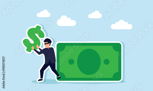 A thief stealing the dollar symbol from money, illustration of fraud or deception in the dollar causing inflation