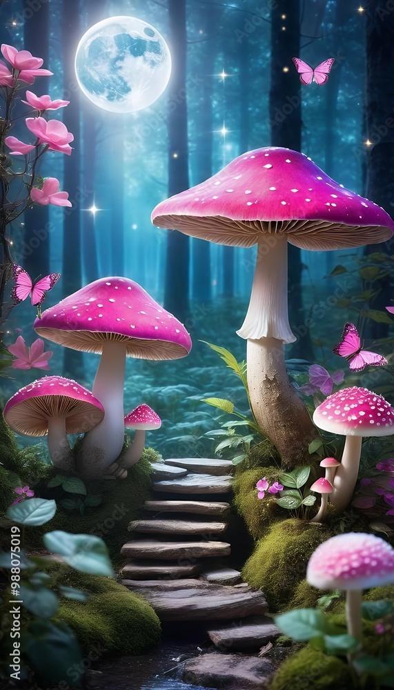 rays stars rose background pink elf enchanted mushrooms fairy mysterious magical forest moon fairytale glowing dreamy shiny tale night fantasy blooming fabulous butterfly flower fantasy mushroom