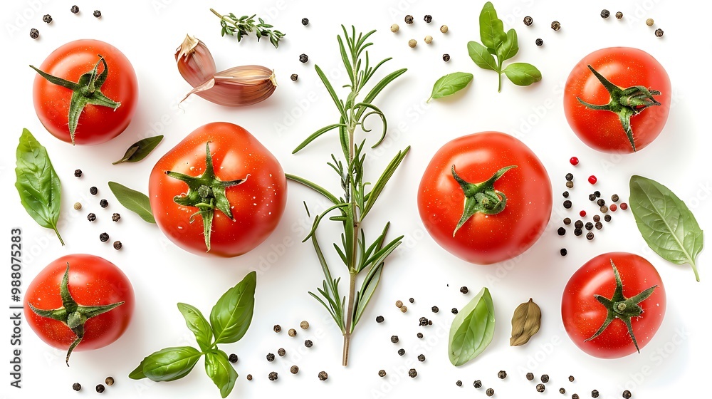 fresh tomato, herbs and spices isolated on white background, fresh tomato, herbs and spices isolated on white background,