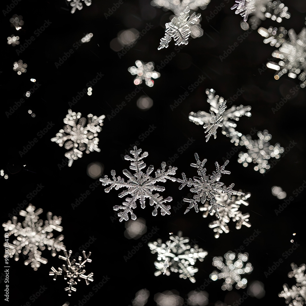 Intricate Snowflakes in Mid-Fall with Soft Lighting on a Black Backdrop Intricate Snowflakes in Mid-Fall with Soft Lighting on a Black Backdrop