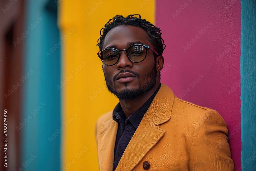 Confident Black Man in Vibrant Setting with Bright Colors and Strong Posture, Urban Background Scene Confident Black Man in Vibrant Setting with Bright Colors and Strong Posture, Urban Background Scene