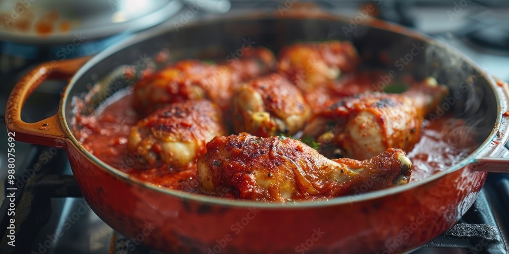 Preparing Chicken Drumsticks in a Tomato Sauce using an Enamel Pot on a Gas Range Preparing Chicken Drumsticks in a Tomato Sauce using an Enamel Pot on a Gas Range