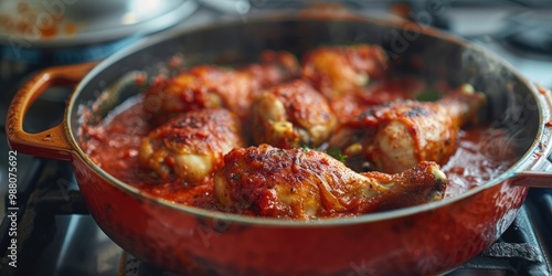 Preparing Chicken Drumsticks in a Tomato Sauce using an Enamel Pot on a Gas Range