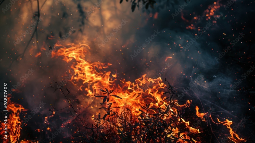 Fiery Wildfire with Smoke and Embers Fiery Wildfire with Smoke and Embers