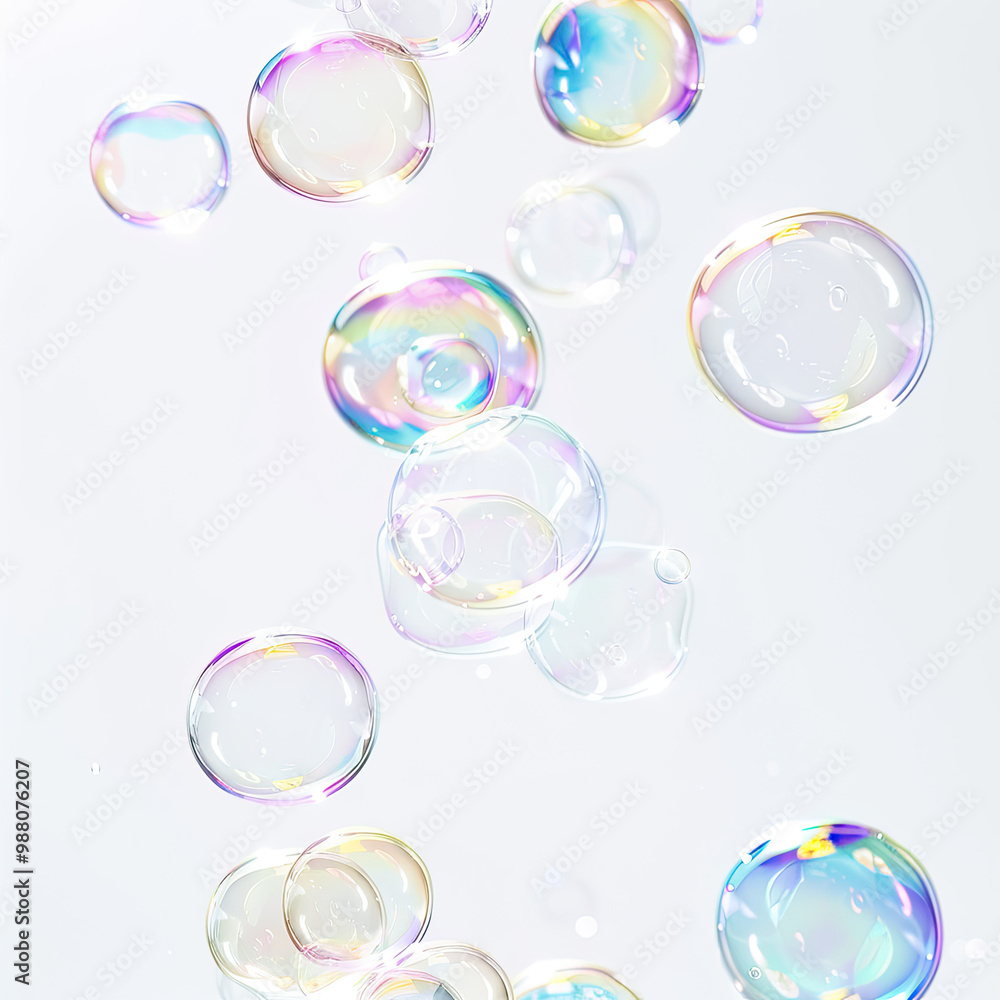 Close-Up of Soap Bubbles with Iridescent Colors Floating on White Close-Up of Soap Bubbles with Iridescent Colors Floating on White