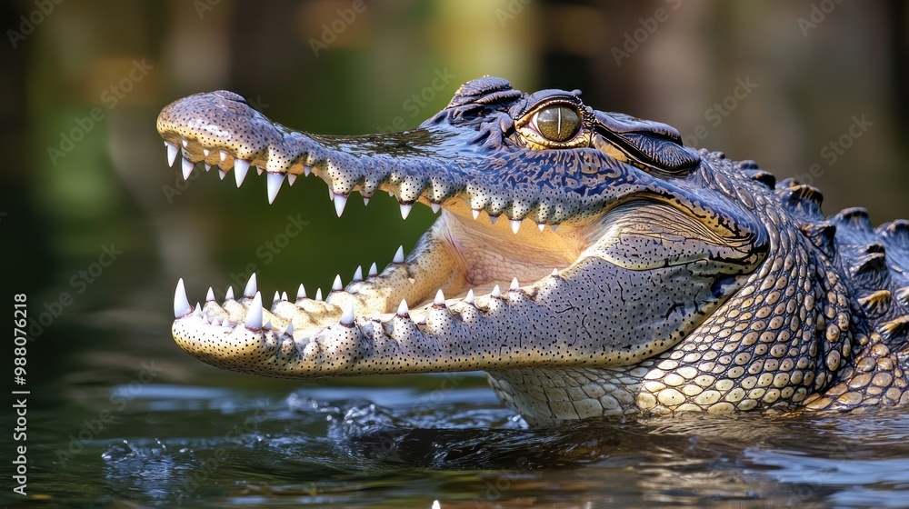Obraz premium A close-up of a crocodile with its mouth open, showcasing its sharp teeth in water.