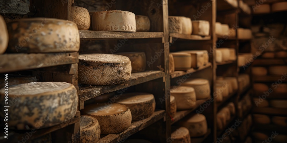 Fototapeta premium Cheese Wheels Stored in the Cellar