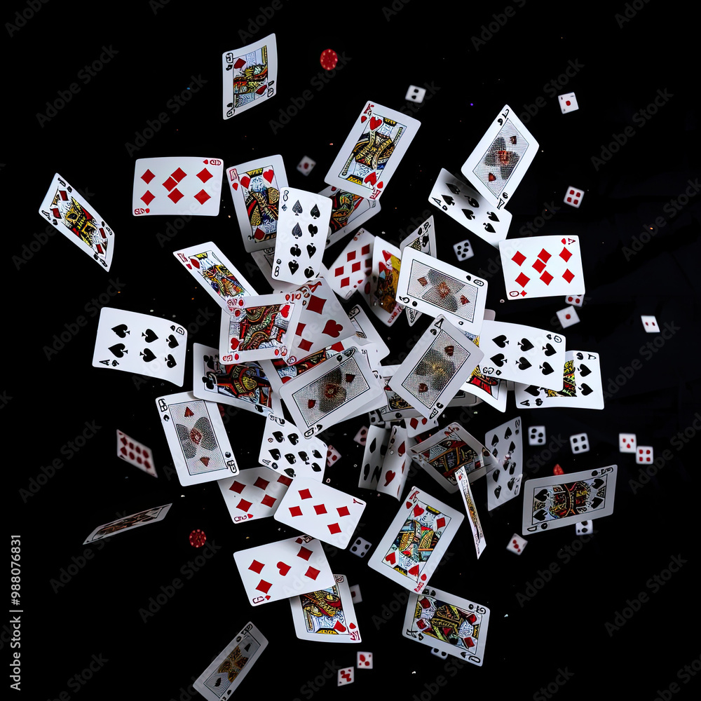 Playing Cards Falling Mid-Air with Sharp Details Against a Black Background