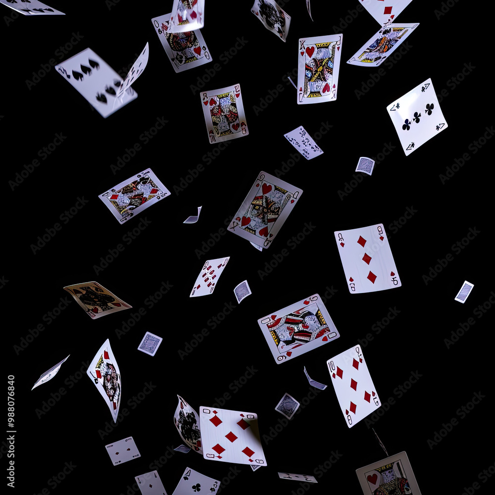 Floating Playing Cards with Sharp Details and Motion Against a Black Background