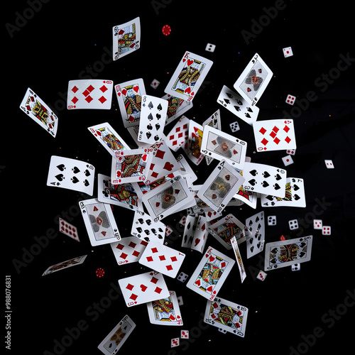 Playing Cards Falling Mid-Air with Sharp Details Against a Black Background