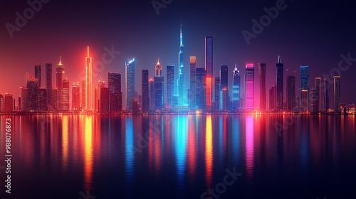 futuristic urban cityscape featuring sleek modern architecture illuminated by vibrant neon lights. The spacious design evokes a sense of innovation, progress, and limitless possibilities in the city e photo